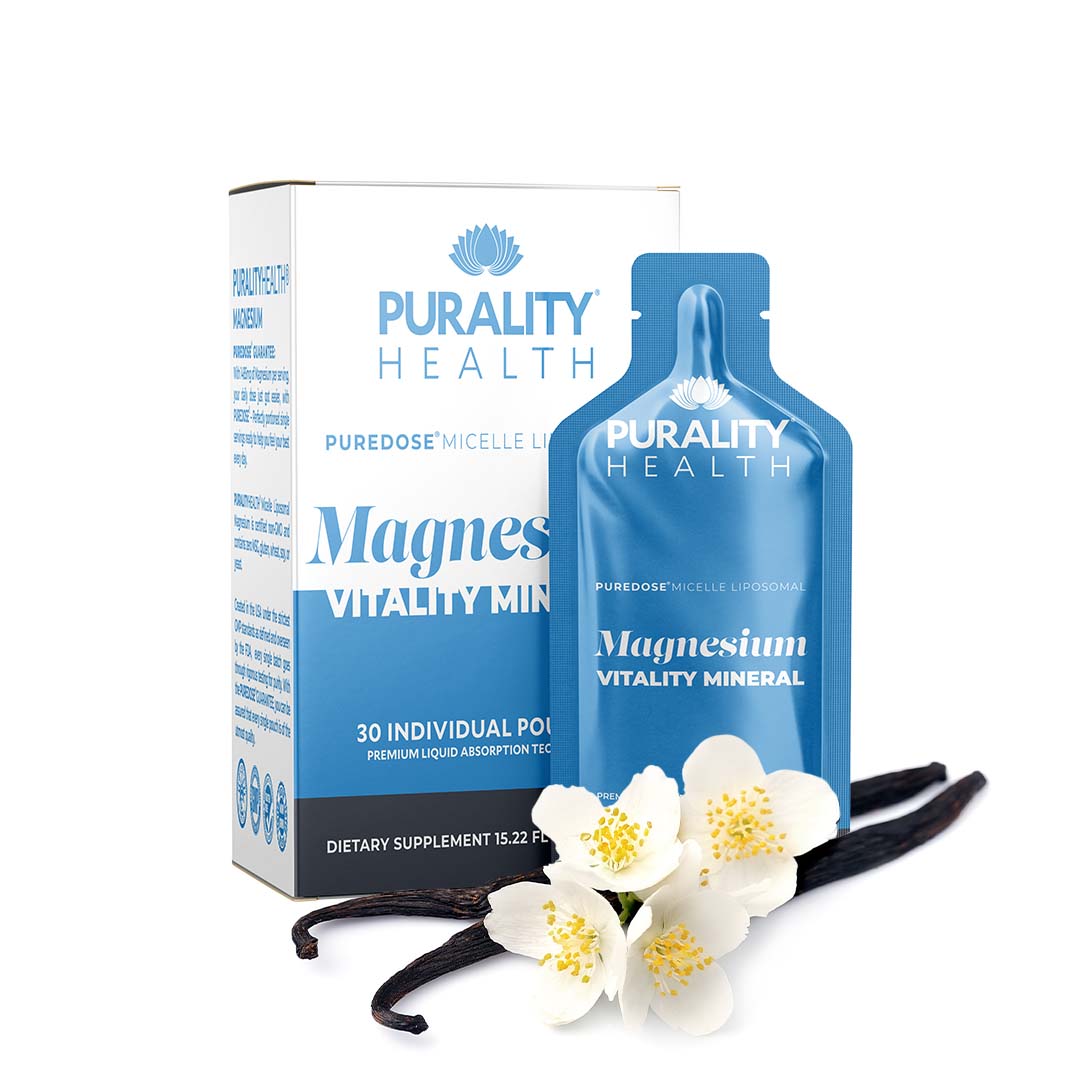 Purality Health PureDose Micelle Liposomal Magnesium Box and Pouch with Vanilla Flowers and Beans